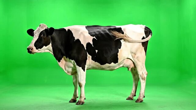 Black and White Holstein Cow Standing on Green Screen Background