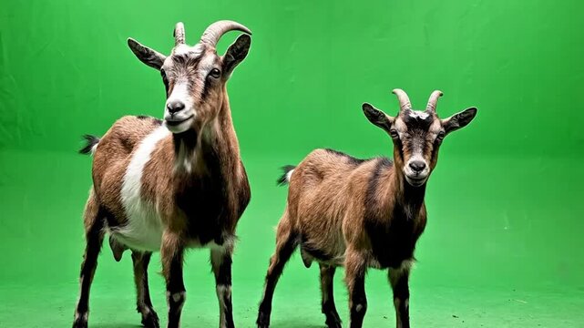 Two Brown and White Goats on Green Screen Background