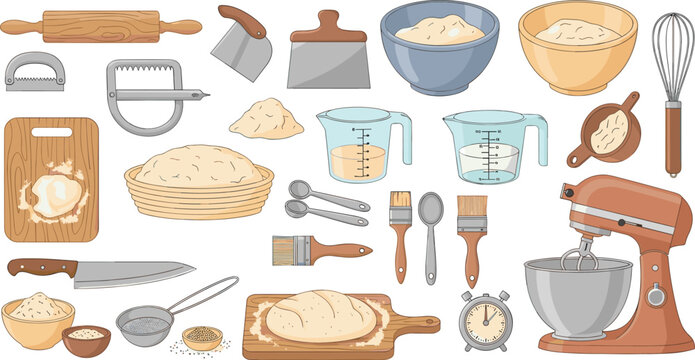 Baking tools and kitchen equipment vector set with mixer rolling pin flour bowls and measuring cups for homemade bread and pastry cooking design