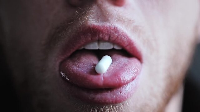 Extreme close up man placing stimulant pill on tongue in dramatic lighting