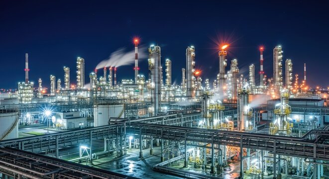 A nighttime photograph captures a sprawling petrochemical complex illuminated against a dark sky.