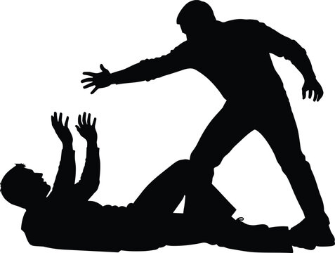 Self defense concept silhouette of man helping another man stand up after fall, support and assistance gesture, teamwork rescue action vector illustration