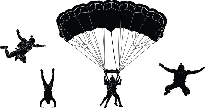 Skydiving and parachute jump silhouette set, extreme sport parachutists freefalling and landing with canopy, adventure air sport action isolated vector illustration