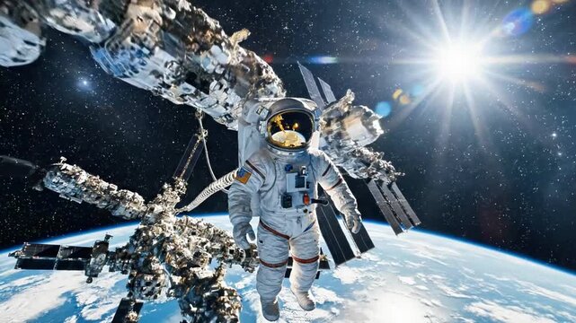 Astronaut in a spacesuit floats in front of a space station with Earth in the background