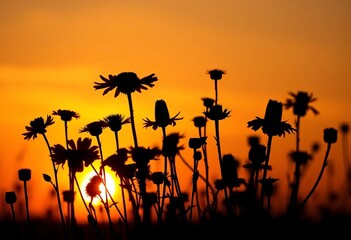 Naklejka premium Silhouettes of various wildflowers against a sunset, showcasing delicate shapes and textures, cutout, contrast