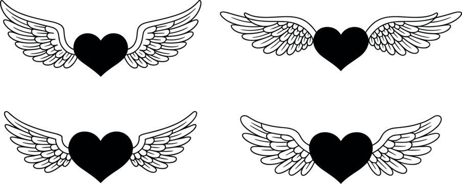 Flying heart silhouettes with angel wings collection, love symbols, romantic wedding elements, and feathered wings icons set