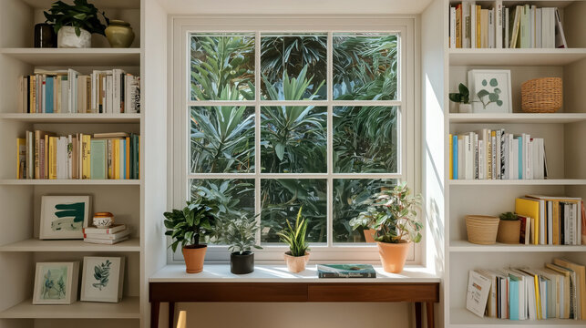 Home library window with books and potted plants zoom virtual meetings backgrounds backdrop