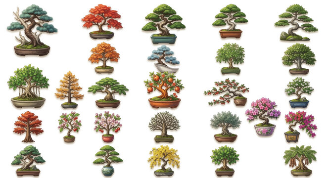 colorful bonsai tree illustrations in various pots