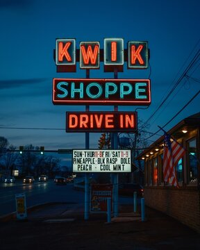 Kwik Shoppe Drive In vintage neon sign at night, Shoemakersville, Pennsylvania