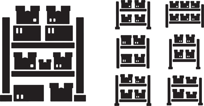 Black and white castle buildings on shelves illustration set