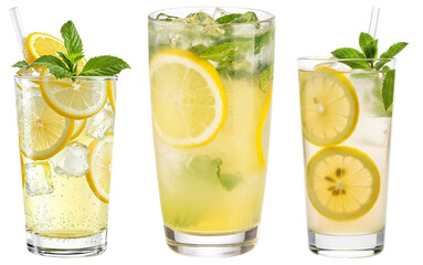 Fototapeta premium Three vibrant glasses of homemade lemonade with fresh lemon slices and mint leaves, a perfect summer drink.