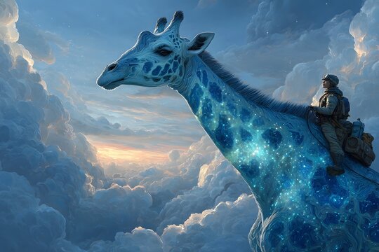 A person rides a majestic, glowing blue giraffe adorned with star-like patterns through a dreamlike sky of clouds and celestial nebulae. 
