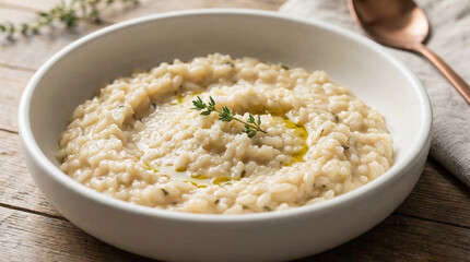 Macro photo of Arborio risotto rice in a creamy wave in a white bowl, no faces, no text, Italian gastronomy concept for restaurant brand or culinary editorial, commercial use
