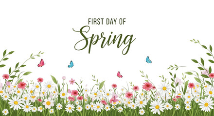 Illustration of blooming flowers and butterflies on the first day of spring with a springtime concept design. © Nafisa