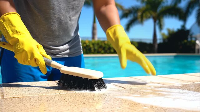 Person wearing protective yellow gloves diligently scrubbing the textured concrete deck surrounding a residential swimming pool with a stiff brush and cleaning solution to remove dirt, algae, and
