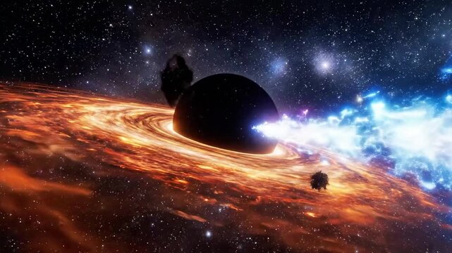 A stunning visual representation of a celestial body surrounded by vibrant, swirling clouds of gas and dust in a starry night sky