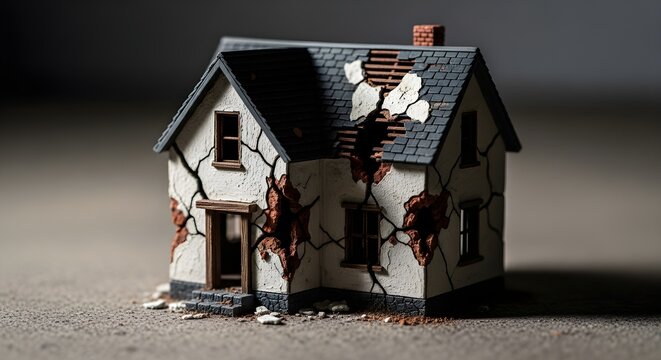 Small house model with large crack symbolizing property damage or housing crisis.