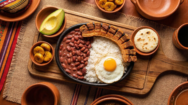 Top view of Colombian bandeja paisa with beans, rice, chicharr&oacute;n and egg, no faces, no text, Colombian gastronomy concept for restaurant brand or culinary editorial, commercial use