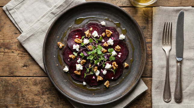 Top view of roasted beet carpaccio with goat cheese and walnut on dark plate, no faces, no text, vegetable gastronomy concept for restaurant brand or culinary editorial, commercial use