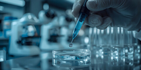 Fototapeta premium Scientific Pipette Dropping Liquid Sample into Petri Dish Laboratory Experiment