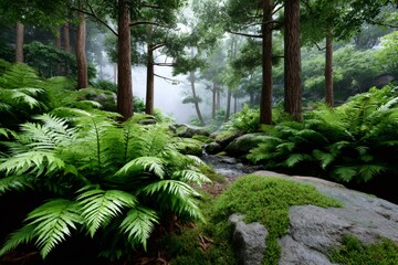 Lush green ferns thriving in foggy forest stream