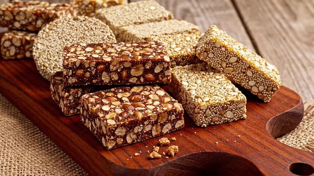 Traditional Indian peanut and sesame brittle sweets on wood