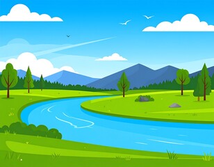 Fototapeta premium Serene Landscape with River and Mountains.
