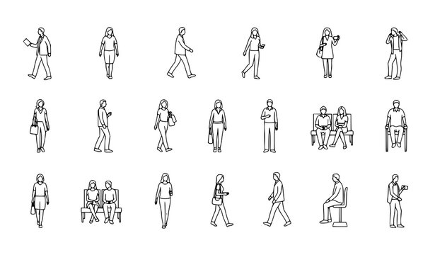Top view people outline vector set walking running sitting human figures thin line icons for architectural and crowd layout design