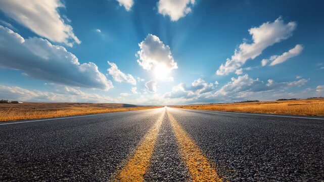 Long Straight Asphalt Highway Under a Sunny Sky, Long straight asphalt highway stretches under a clear blue sky
