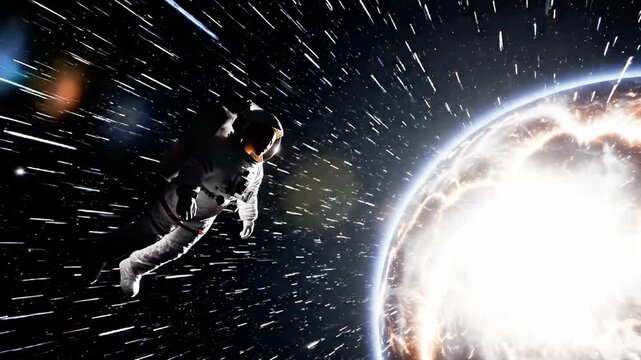 A lone astronaut floats towards a fiery planet in a starry space backdrop