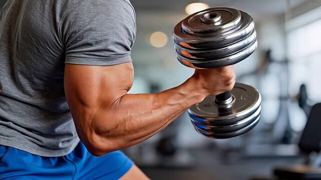 Muscular man performing dumbbell bicep curl in gym, showcasing defined arm muscles and fitness strength &ndash; healthy lifestyle and bodybuilding concept