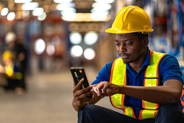 Obraz premium Black male warehouse worker using smartphone for logistics communication. Industrial employee checking digital inventory app in modern distribution center.