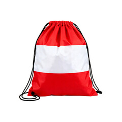 Drawstring Bag Fully Wrapped in Austrian Flag Colors Red and White with Black Cords, Austria Patriotic Design, Isolated on White Background