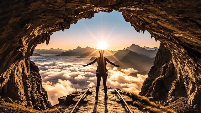 Woman standing in cave opening arms raised towards sunrise over mountains and clouds.