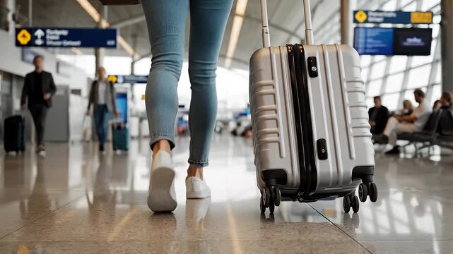 Woman walking with luggage in airport terminal.