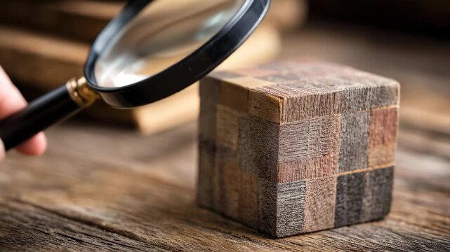 Magnifying glass inspecting brand reputation on wooden cube, A magnifying glass focuses on the phrase "brand reputation" displayed on a wooden cube