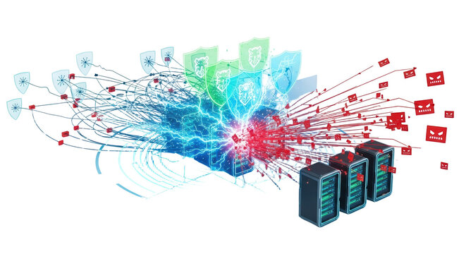 A futuristic illustration of cybersecurity measures protecting against malicious attacks on transparent background