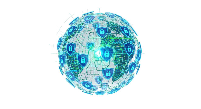 A futuristic globe with blue shields and locks on a transparent background, symbolizing global cybersecurity and data protection