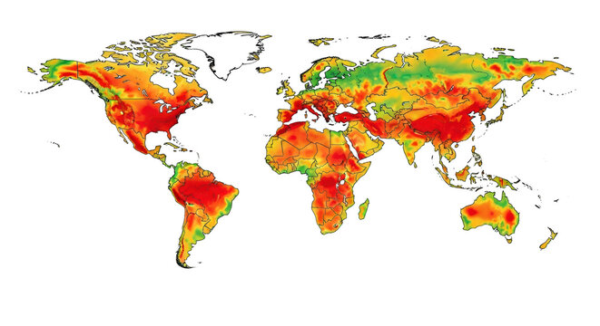A colorful heat map of the world showing temperature variations across different regions on transparent background