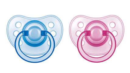 Obraz premium Blue and pink baby pacifier isolated on white background infant care concept