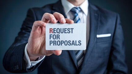 Formal businessman in a smart dark suit holds a card saying Request for Proposals in studi