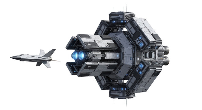 A futuristic spaceship and a fighter jet flying in space on a transparent background