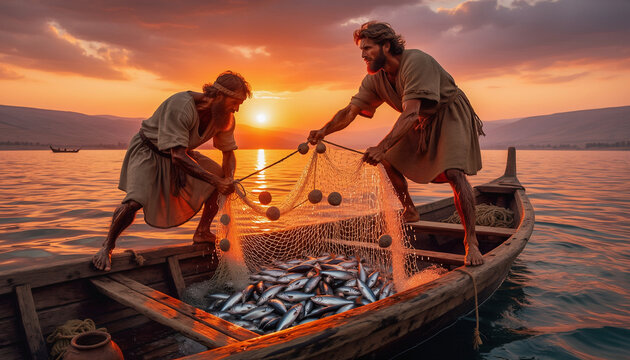 Cinematic fishermen hauling net overflowing with fish at sunset