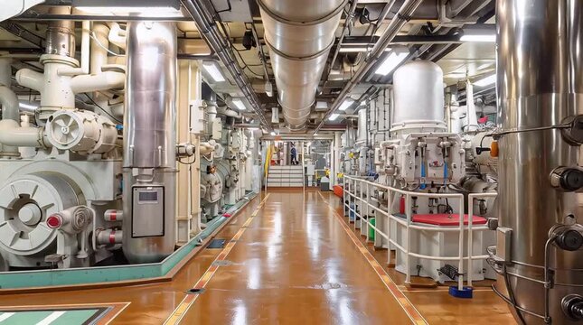 Industrial engine room corridor filled with intricate machinery, extensive piping, and robust equipment, highlighting advanced engineering and high-tech operational power