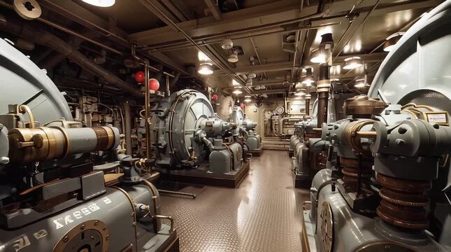Immersive view of a powerful industrial engine room, featuring rows of heavy machinery, intricate pipework, and robust engineering within a historic power generation facility