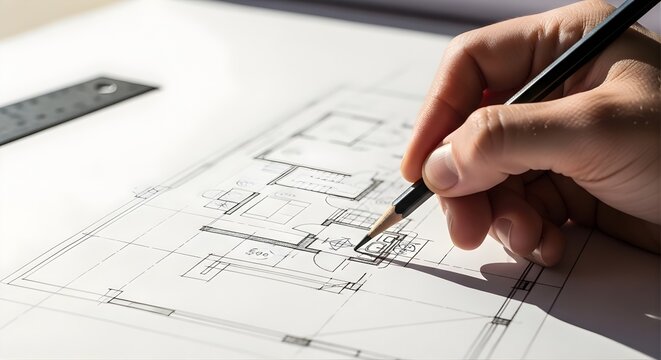 Architect drafting detailed building plans with pencil and ruler