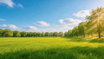 Fototapeta premium Vibrant green meadow under blue sky with fluffy clouds tree line in distance sunlit grass field natural landscape serene outdoor scene perfect for nature backgrounds,Style