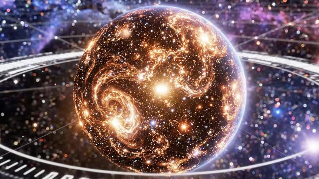 A vibrant celestial body with a luminous ring system set against a starry, colorful cosmic backdrop