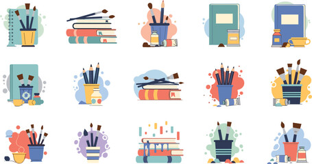 Naklejka premium Creative art supplies vector set featuring paint brushes in jars stacked books sketchbooks and painting tools for education hobby studio and artistic design projects.