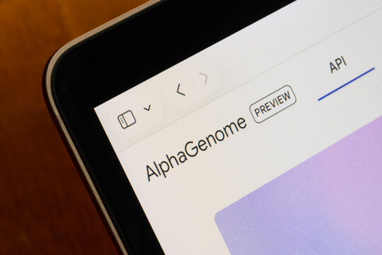 Portland, OR, USA - Mar 15, 2026: Webpage of AlphaGenome, an AI model developed by Google DeepMind that predicts the impact of DNA mutations, is seen on the screen of a MacBook Air computer.